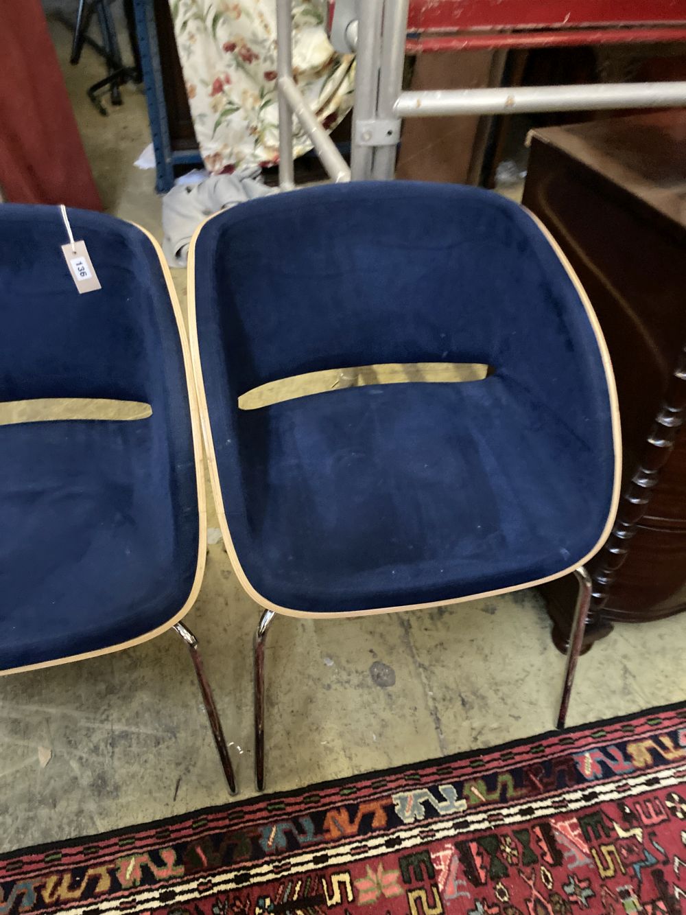 A set of six Hulsta D5 bentwood and blue suede dining chairs, width 58cm depth 58cm height 75cm